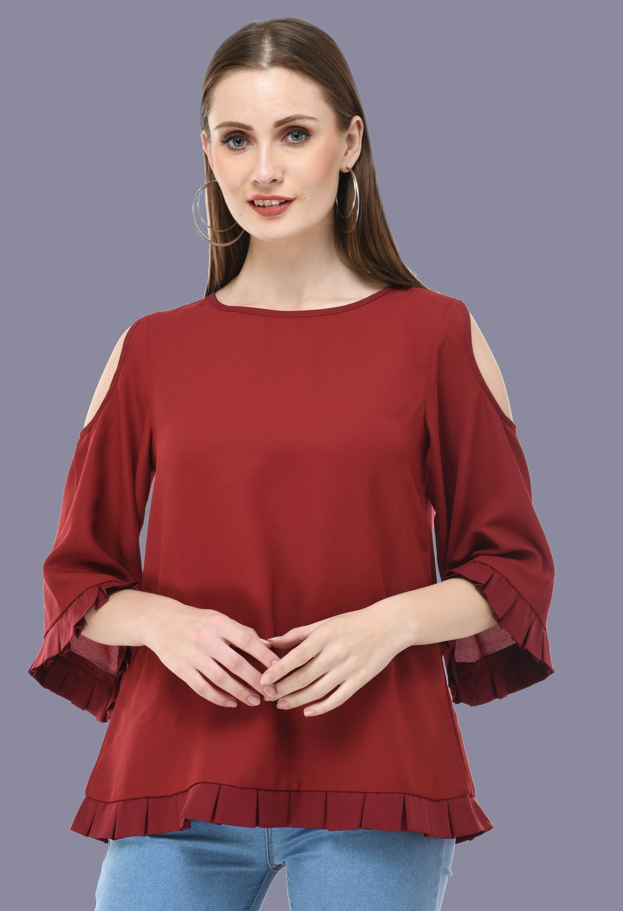 Box Pleated Maroon Cold shoulder top