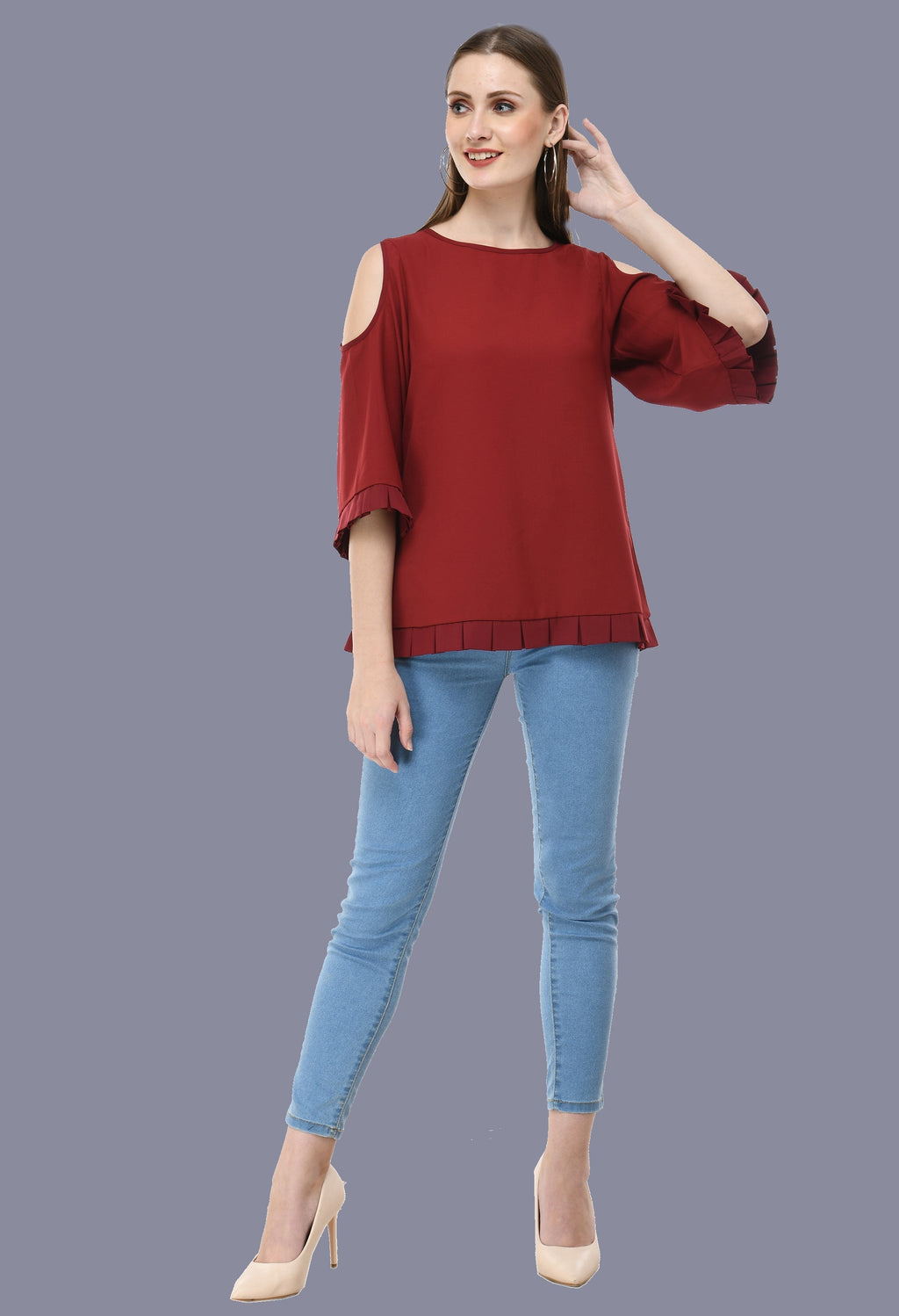 Box Pleated Maroon Cold shoulder top