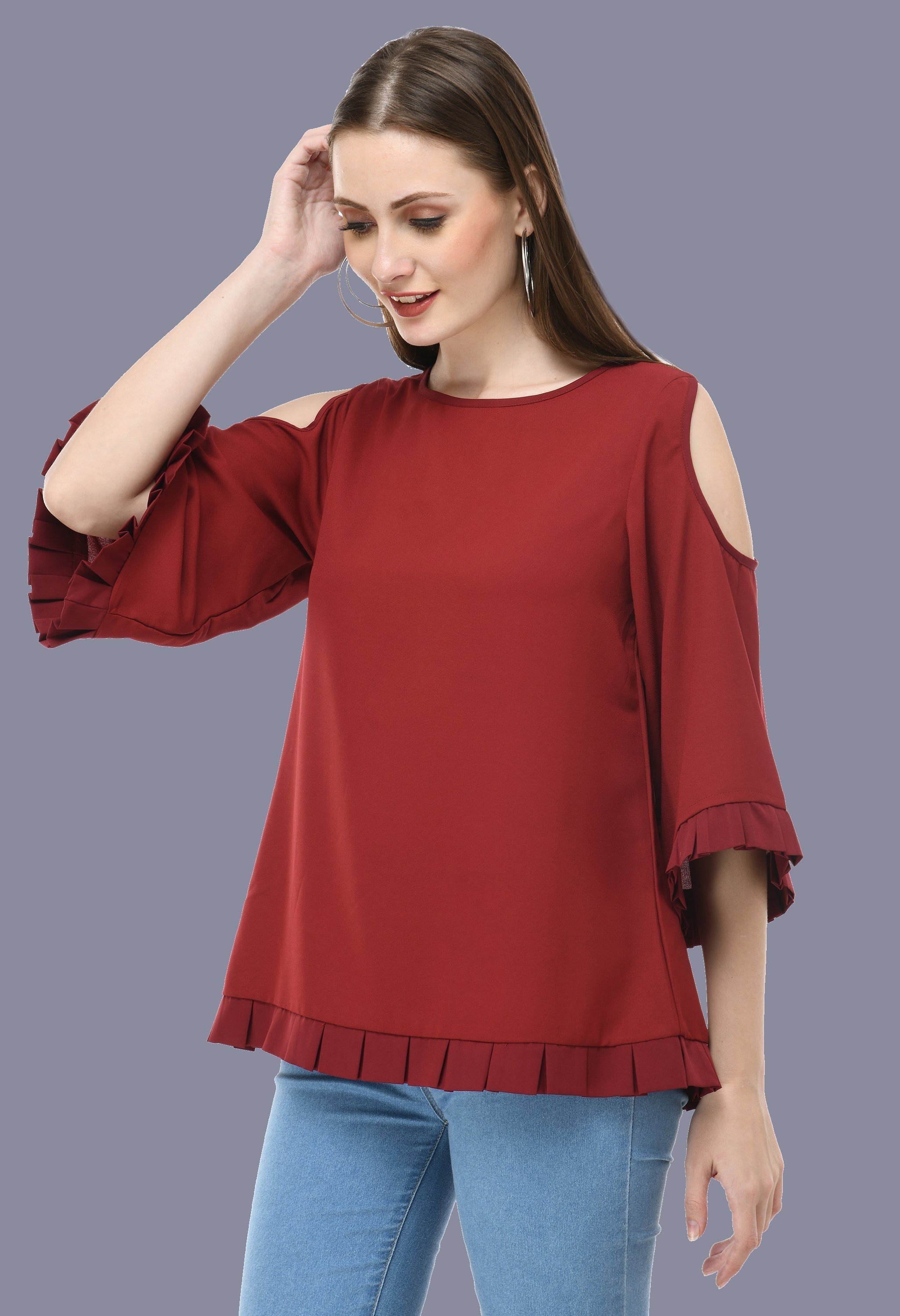Box Pleated Maroon Cold shoulder top