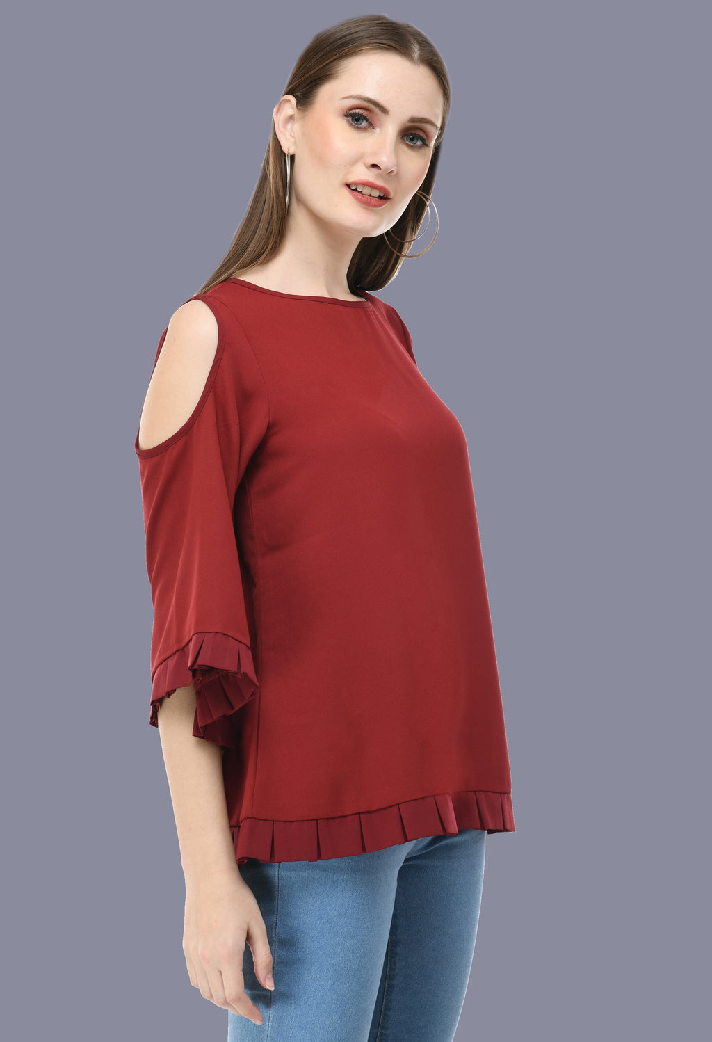 Box Pleated Maroon Cold shoulder top