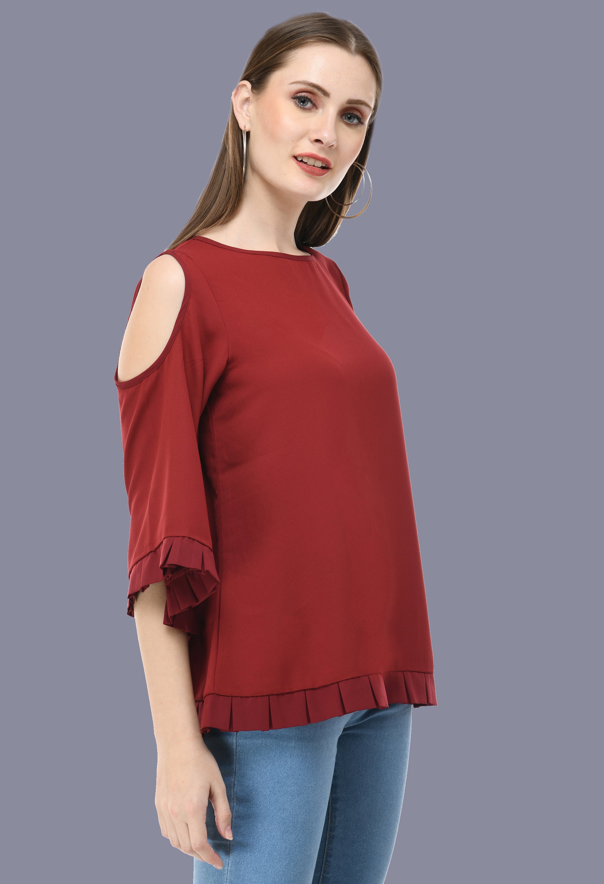 Box Pleated Maroon Cold shoulder top