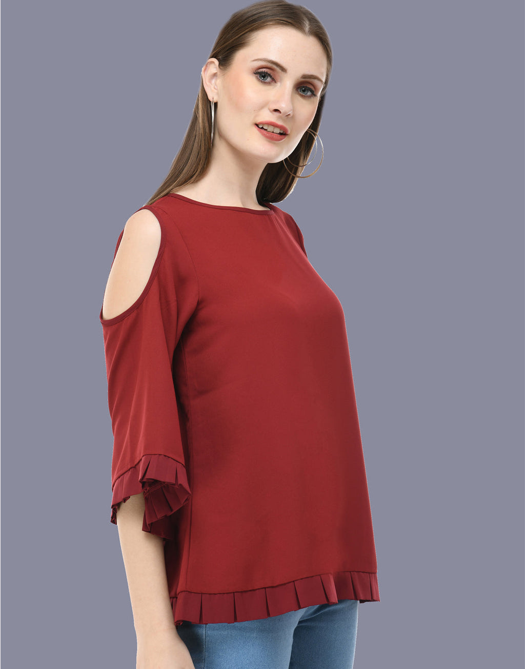 Box Pleated Maroon Cold shoulder top